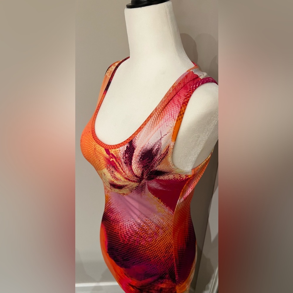 Venus Tropical Print Ruched Form fitting Midi Sleeveless Dress Sz Small